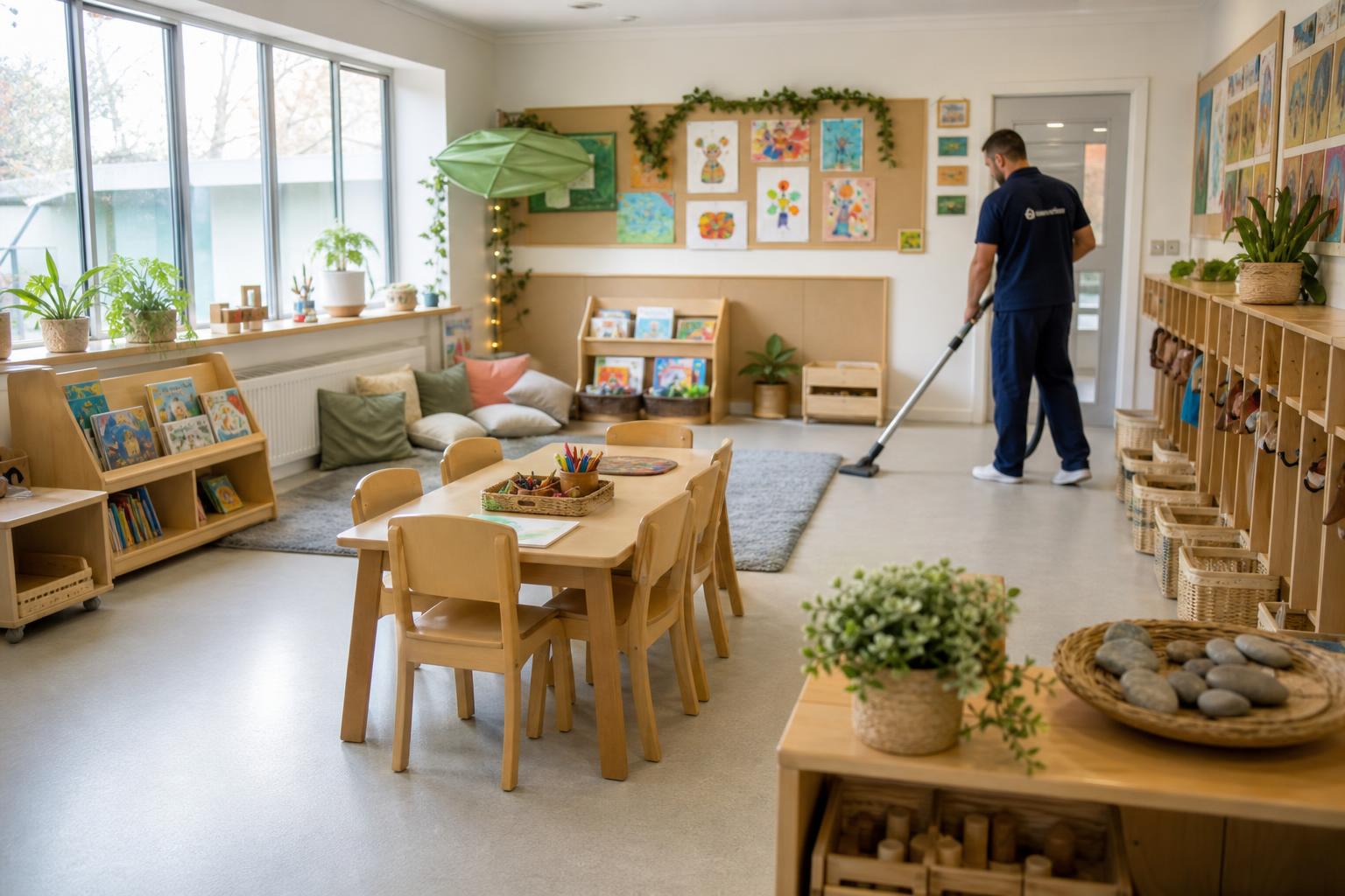 A warm, well-loved early years nursery classroom freshly cleaned and ready for the next day, with a professional cleaner vacuuming in the background